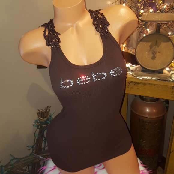 bebe Tops - Bebe logo crochet ribbed tank top S brown